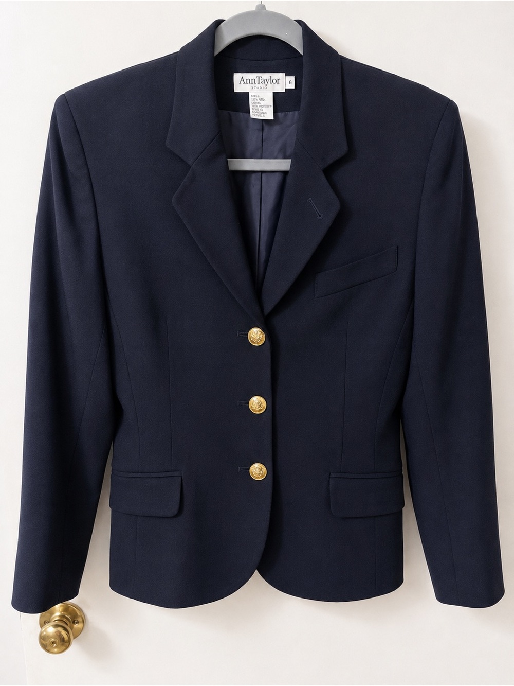 Ann Taylor Studio Navy Gold Button Wool Blazer Size 4 Classic Preppy